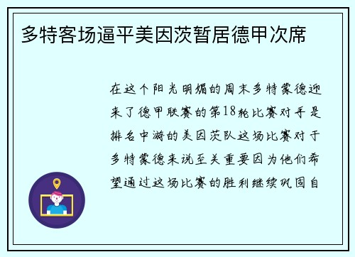 多特客场逼平美因茨暂居德甲次席